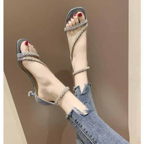 Receive Sandals Female Wild Rhinestone Korean Version of The High-Heeled Shoes Rubber Cuffed Women Sandals High Heels Anti-Slip
