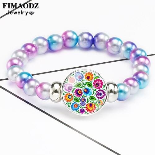 FIMAODZ Beaded Flower Bracelet for Wedding Party Polish Folk Photo Glass Time Gem Blue Purple Flower Bracelets Women Girl Gift