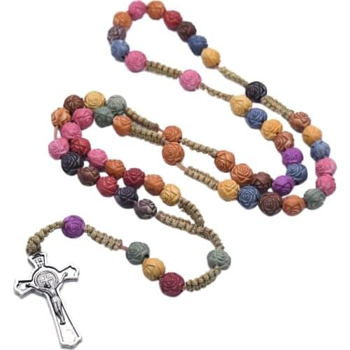 50LB Rosary Necklace Jesus Christ Cross Pendant Colorful Rose Necklace for Women Girl