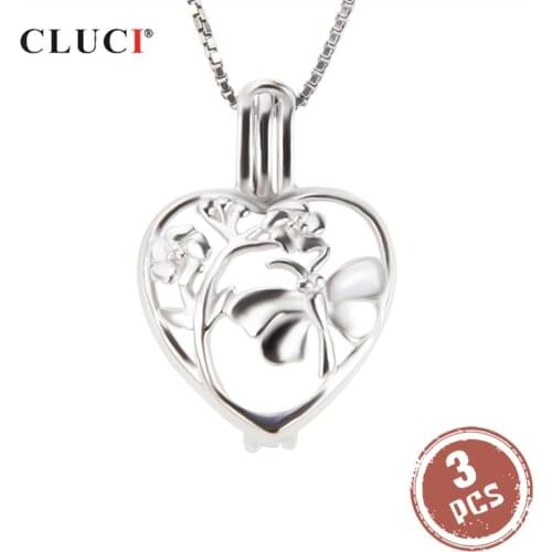 CLUCI 3pcs Silver 925 Heart Shaped Pendant for Women Necklace Jewelry 925 Sterling Silver Butterfly Pearl Locket Pendant SC231SB