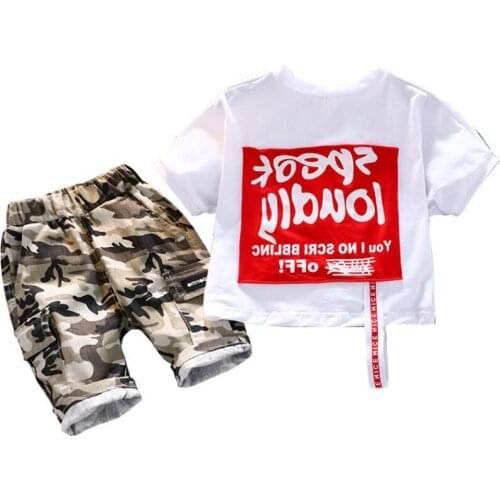 Children Summer Sets Boys Girls Alphabet Ribbon Short sleeve T-shirt + Camouflage Shorts 2Pcs Kids Cotton Fashion Suit 2-6 Years