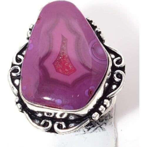 Genuine Botswana Agate Ring Silver Overlay over Copper ,Hand Made Women Jewelry gift， Size: 7.5 , R6414