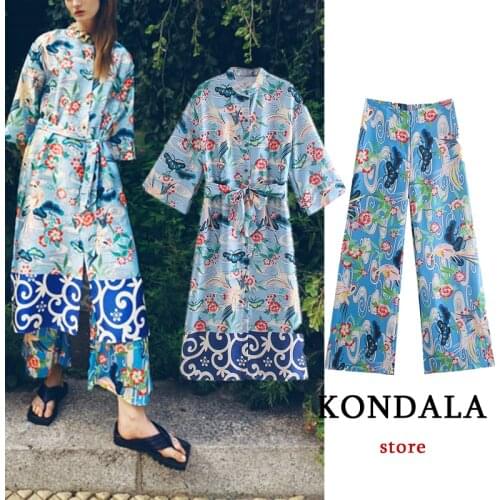 KONDALA Za 2021 Floral Print Vintage Midi Shirt Dress Long Sleeve Sashes Stylish Kimono Dress Autumn Fashion Mujer Vestidos