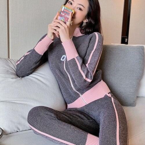 Korean Ribbed Printed Tracksuit Sport 2 Piece Pant Suits for Women Knitted Long Sleeve Two Piece Set Top and Pants Suit X594