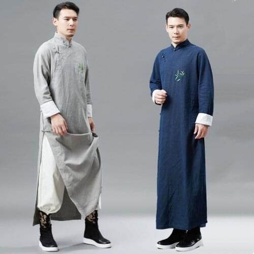 Chinese tang suit for men cheongsam style male gown traditional long cotton linen clothing embroidered bamboo pattern robe