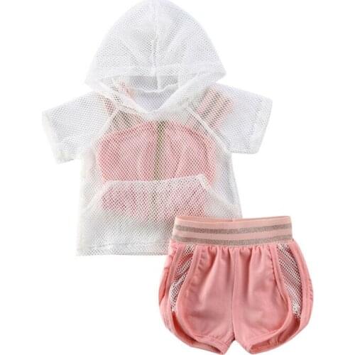 3Pcs Baby Summer Clothing Toddler Baby Girls Clothes Mesh Hoodies Strap Camis Tops Shorts Tracksuit Outfits 0-5Y