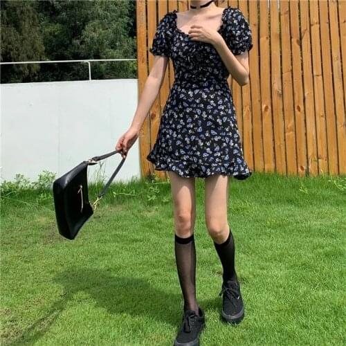 Floral-Printed Puff-Sleeve Ruffles Mini Dresses Short Sleeve Dress Women Sweet Lady Club Wear Vintage Elegant High-Waist A-line