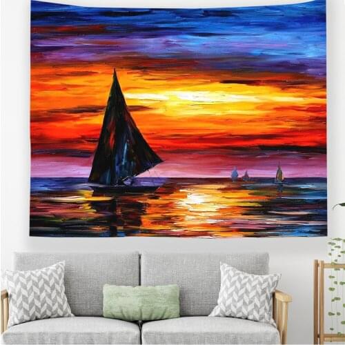 2021 Sunset Tapestry Wall Hanging Hippie Oil Village Scene Watercolor Painting Colorful Scenery Wall Tapestry For Bedroom Decor