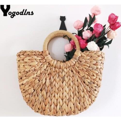 New Straw Bag 2021 Women Hand-Woven Hollow Handbag Moon Shape Rattan Bag Big Capacity Handbag Casual Travel Beach Bag