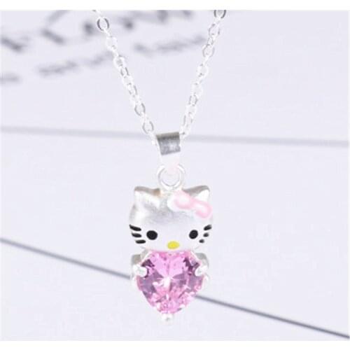 2020 new pink love heart shaped kt cat pendant KT cat crystal necklace women sweet and cute cat clavicle chain