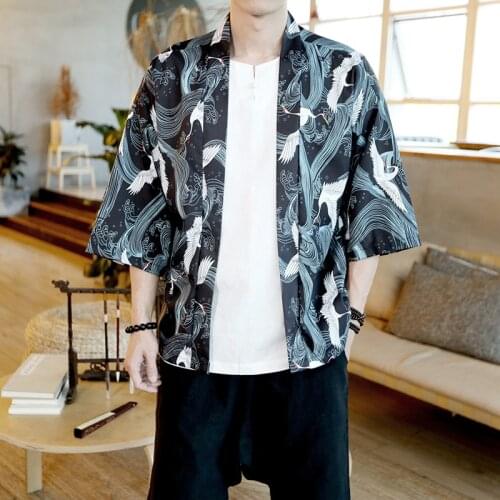 2021 Spring New Chinese Style Japanese Three-quarter Sleeve Kimono Cardigan Loose Thin Half-sleeved Shirt Hanfu Men Clothing