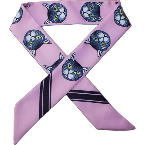 New Cat Printed Silk Scarf Top Womens Luxury Scarves And Shawls Variety Bag Ribbon Skinny Long Hair Band Ladies Turban M42