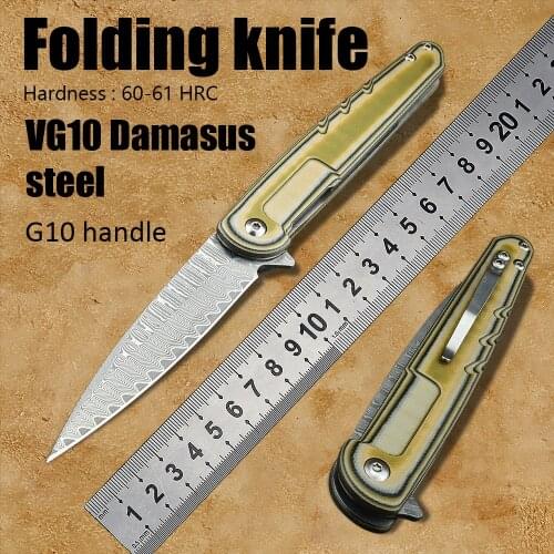 Damascus knife folding blade ball bearing pocket knife hunting knife survival utility tactical camping self defense knife