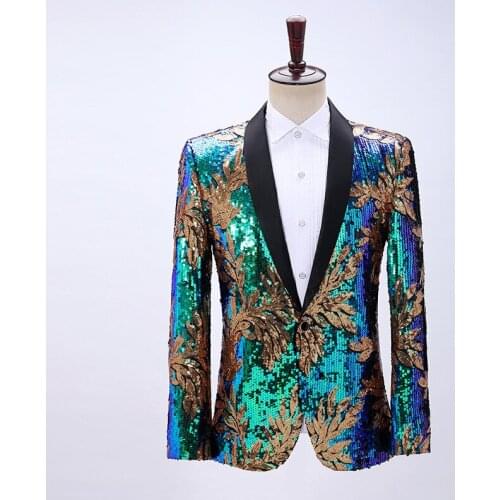 Leaf Sequins Slim Fit Balzer Stage Singers Prom Dress Suit Jacket Party Jacket Men One Button Tops Glitter Costume Suit Jacket