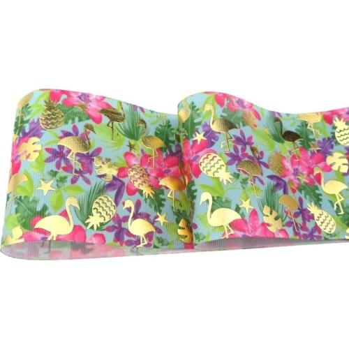 Wholesale 100Y/lot 75mm 3" gold foil flamingo printed polyester grosgrain ribbon for accessories welcome custom order