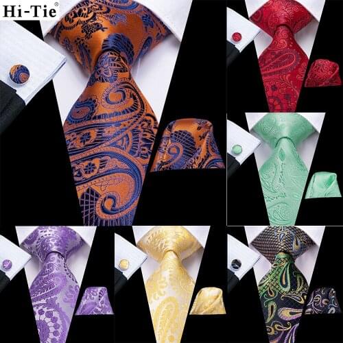Hi-Tie Gift Mens Tie Red Blue Paisley Silk Wedding Tie For Men Fashion Designer Hanky Cufflink Set Business Party Dropshipping