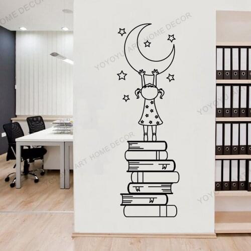 Self-adhesive Girl Books Moon Stars Vinyl Sticker Wall Decal for Kids Nursery Love Reading Wall Decal Bedroom Home Decor rb706