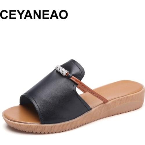 CEYANEAO Summer Women Slippers Flat Sandals Shoes Women Beach Shoes Slip-on Cutout Fashion Crystal Genuine Leather Flat Slides