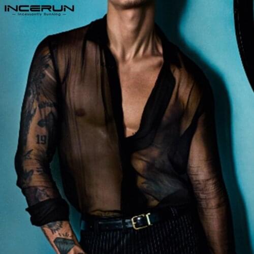 INCERUN Mesh Shirt Men Lapel See Through Sexy Stylish Button 2021 Camisa Long Sleeve Transparent Party Nightclub Men Shirt S-3XL