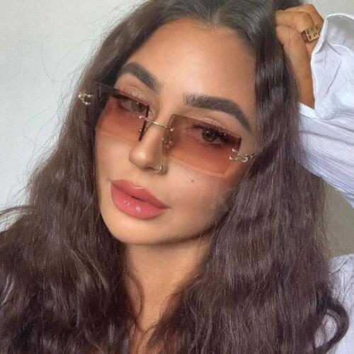 Brand Fashion Rimless Rectangle Sunglasses Women 2020 Tea Shades For Women 90s Vintage Square Sunglasses for Men óculos UV400