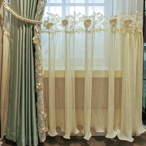 Modern Luxury Blackout Curtains For Living Room Stitching 3D Flower Lace Embroidery Romantic Lace Bay Window Drapes JS302C