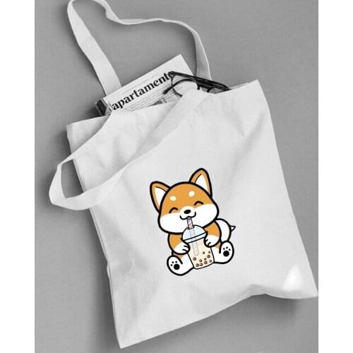 Womens Canvas Shoulder Bags Woman Kawaii Dog Cartoon Shopping Bags Handbag Casual Tote Bags Ladies Reusable Shopper Eco Bags