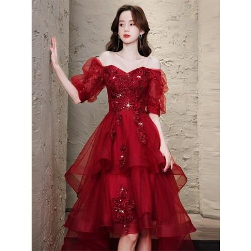 Wine Red High Low Prom Dresses For Graduation Sweetheart Appliques Tiered Tulle Short Front Long Back Homecoming Dresses 2021