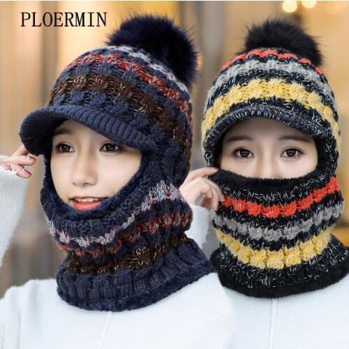 Female Warm Beanie Hats Riding Snow Caps Winter Women Knitted Hat Scarf Set Hairball Pom Pom Fashion Wool Thickening Hat Collars