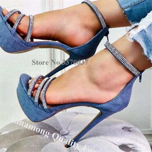 Linamong Newest Fashion Open Toe Blue High Platform Rhinestone Straps Sandals Suede Leather Crystal High Heels Formal Dress Heel