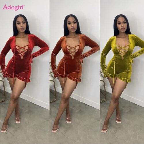 Adogirl Ruffle Lace Up Velvet Shorts Jumpsuit Women Sexy V Neck Hollow Out Long Flare Sleeve Skinny Overalls Christmas Playsuits