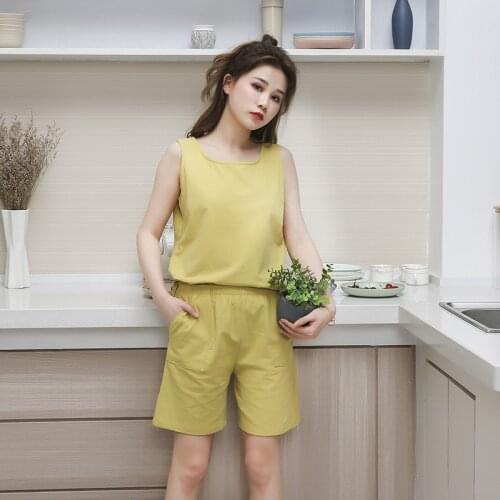 Women Cotton Vest Shorts Casual Home Pajama Set Linen Ventilation Healthy Fabrics Sleepwear Loungewear Sexy Pyjamas Home Clothes