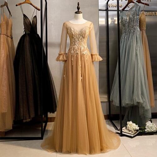 Bespoke Occasion Dress Illusion O-Neck Full A-Line Sequined Beading Embroidery Luxury Tulle Lace Women Formal Evening Gown HB131