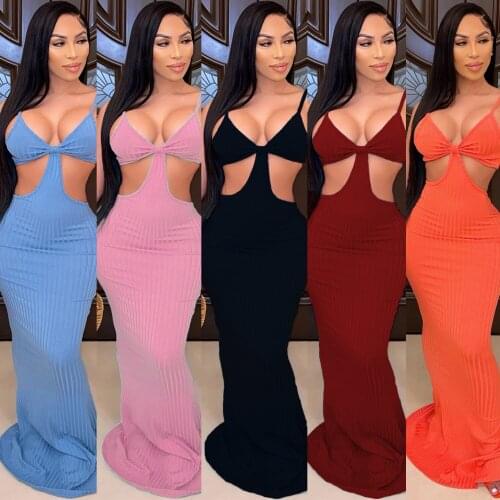 Fashion Sexy Sleeveless Halter Rib Knit Maxi Women Dress Beach Slim Cut Out Ribbed Knitted Solid Color Bodycon Party Club