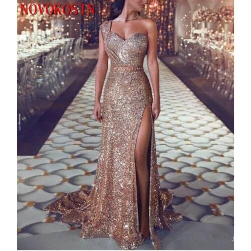 One Shoulder Sequined Mermaid Long 2019 Elegant Ruched Beaded Split Sparkling Floor Length Sweetheart Formal Party Evening Dress