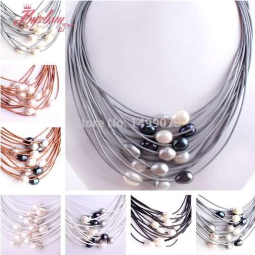10-12mm Natural Oval Freshwater Pearl Stone Beads Handwork 15 Row Leather For Women Fashion Necklace Jewelry Magnet Clasp16"-22"