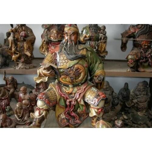 17“ China Pottery wucai porcelain martial dragon Guan Gong Guan Yu Warrior statue