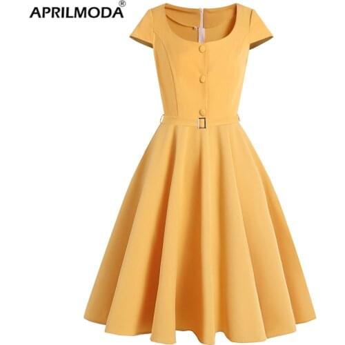2021 Solid Color Party Vintage Swing A Line Dress With Belt O Neck Bohemian Beach Office Lady Casual Rockabilly 60s 50s Sundress