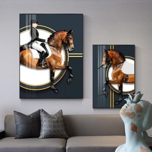Abstract Orange Blue Background Geometry Line Animal Horse Girl Canvas Painting Wall Picture Print Poster Living Room Decoration