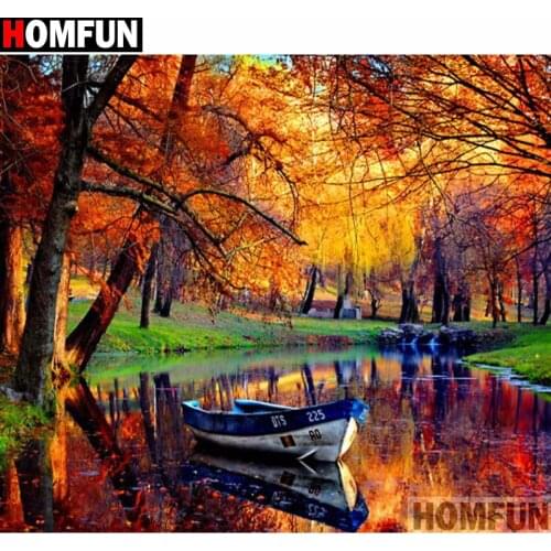 HOMFUN Full Square/Round Drill 5D DIY Diamond Painting "Autumn tree boat" Embroidery Cross Stitch 5D Home Decor Gift A14352