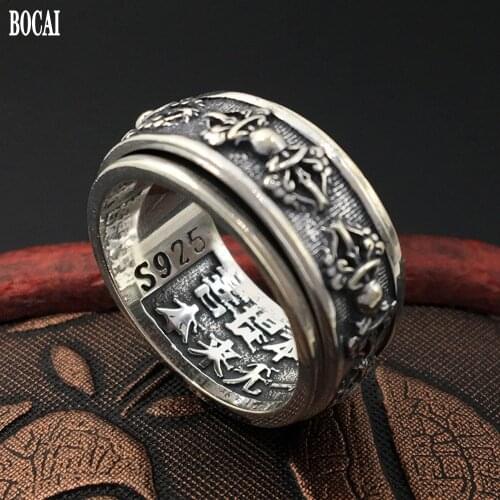 BOCAI New 2021 100% solid S925 pure Silver Man Ring Pisces Peach Rotating Good Luck Ring, Fashion Womens Ring