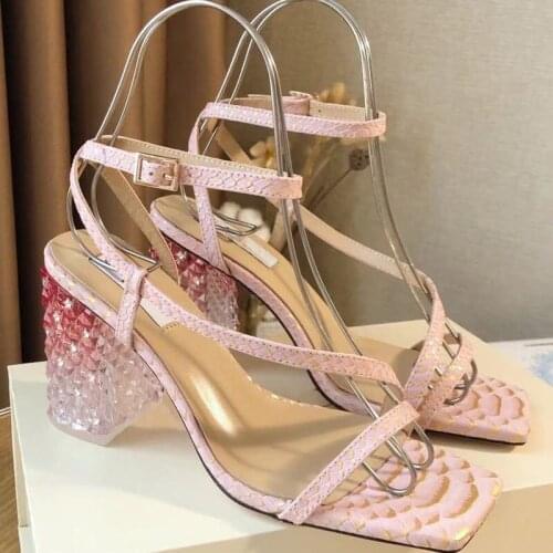 Crocodile Pattern Sandals Women Clear Gradient Heels Genuine Leather High Heels Narrow Bands Design Luxury Brand Designer Shoes