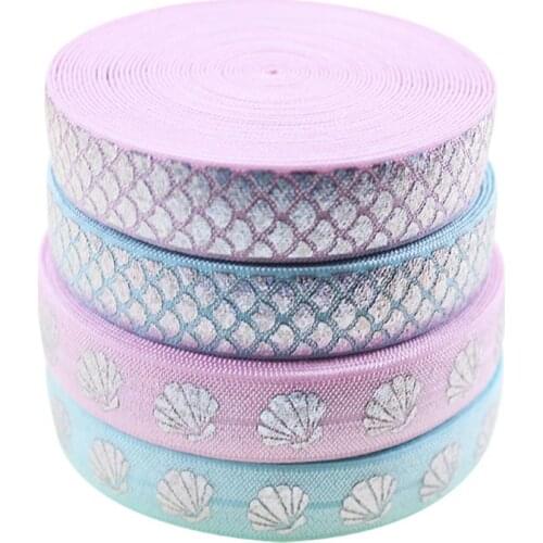 5/8" 15mm hologram silver foil shell FOE ribbon mermaid fish scales fold over elastic ocean series welcome custom printed