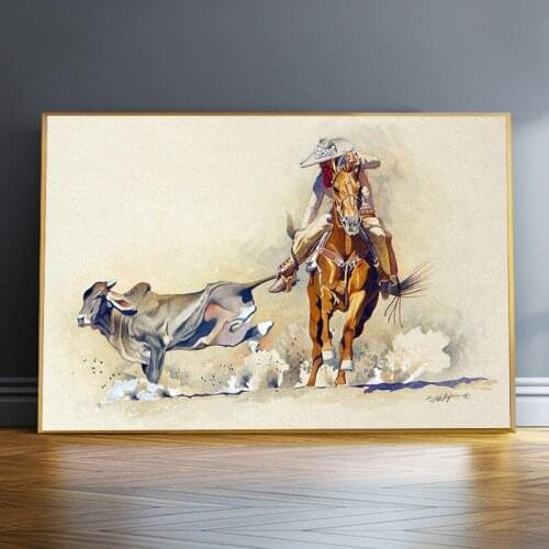 A man on horseback leading a cow art picture canvas printing poster oil painting living room decoration