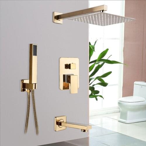 Golden Bathroom Shower Faucets Set 8" 10" 12" 16" Rainfall Shower Head 3 Ways Single Handle Mixer Tap Bathroom Faucet Handshower