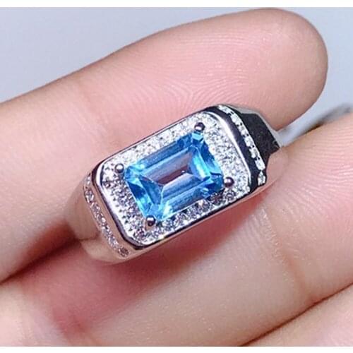 New Natural Topaz 925 Silver Mens Ring Square Sapphire S925 Silver Ring for man