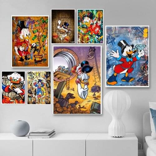 Disney Street Graffiti Art Donald Duck & Money Catoon Poster Canvas Painting and Print Wall Art Picture for Kids Room Home Decor
