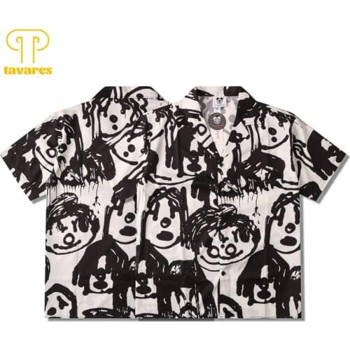 TAVARES Casual Shirts Men Summer Short Sleeve Shirt Hand-Painted Anime Cartoon Women Hawaii Beach Blouse Oversize Baggy Cardigan