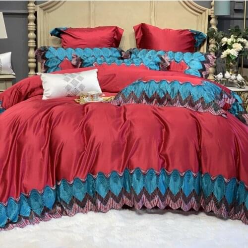 Luxury Red Egyptian Cotton European Wedding Lace Bedding Set Soft Silky Duvet Cover Bed Sheet Or Bedspread Pillowcases 4/7Pcs