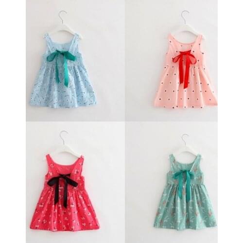 Summer cute children girl sleeveless dress cotton sundress floral peach print open back ribbon dress costume