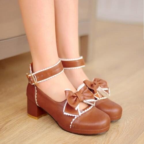 Lolita School Loli Girls Chunky Heels Round Toe Cute Brown Sweet Lolita Shoes Japanese Anime Harujuku Sweet Kawaii Lolita Shoes